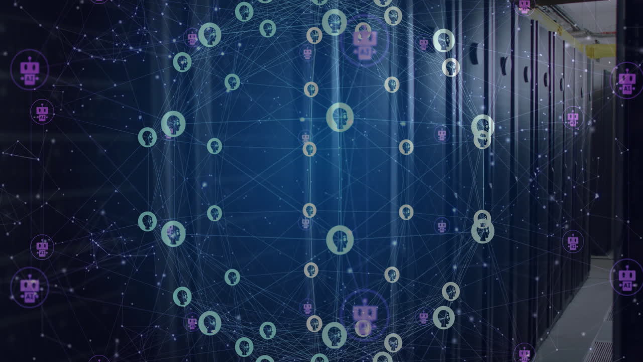 Animation of global network of people and chatbot icons rotating over dark computer server room