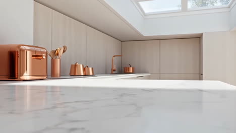 a modern kitchen interior with copper accents
