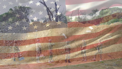 animation of flag of usa over diverse male soldiers