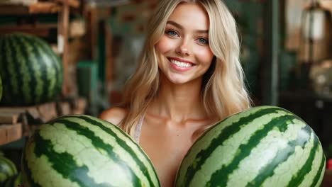 a woman holding two watermelons in her hands