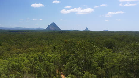 aerial 4k drone over trees reveals green countryside and glasshouse mountains view in distance