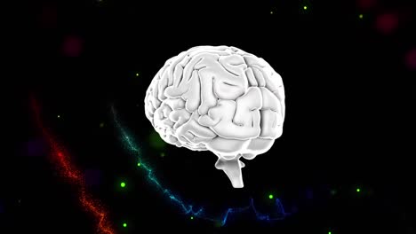 human brain icon spinning against colorful spots of light and digital waves on black background