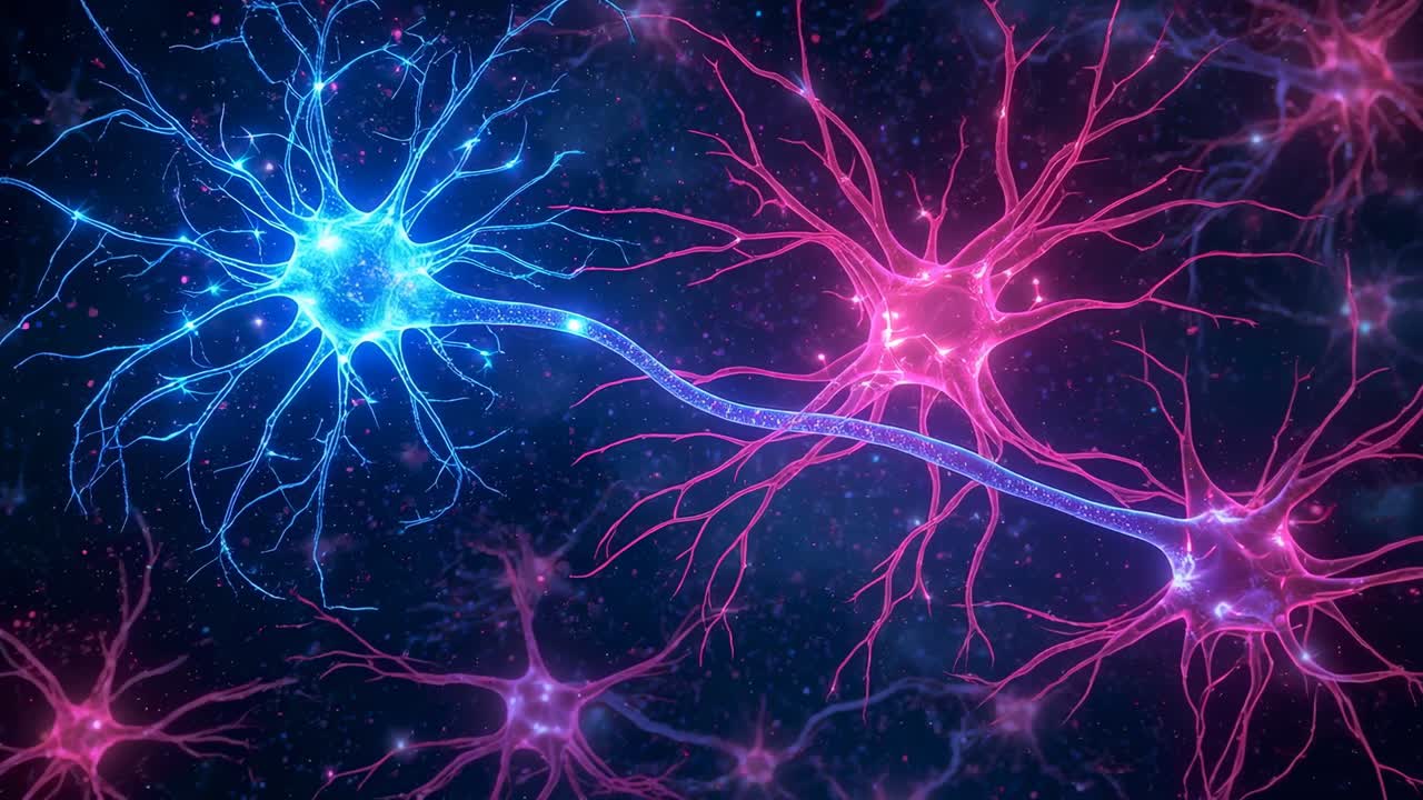 Pulsing blue neuron brightening, sending signal along axon to activate pink neurons at nanoscale