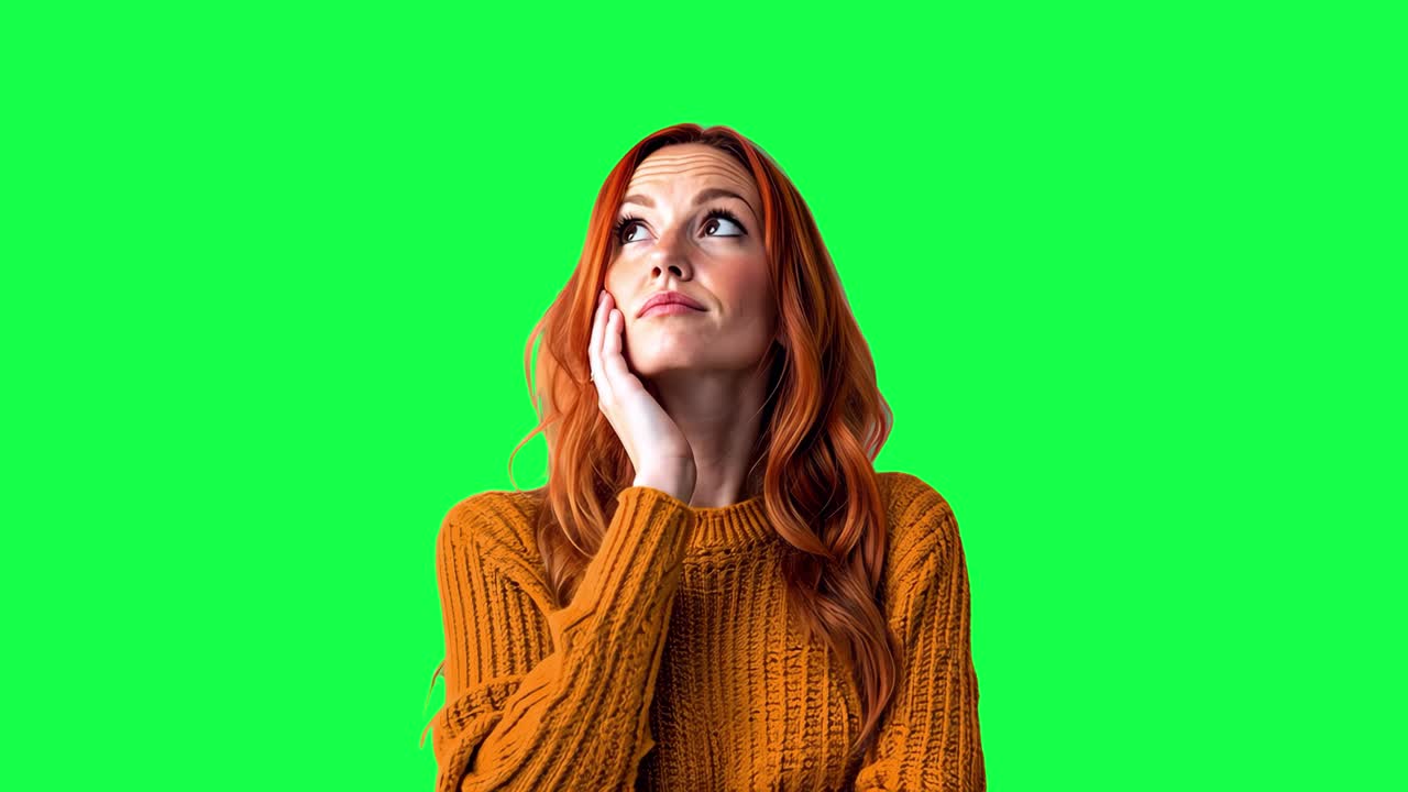 Red haired woman contemplating animation, transparent 4K video, green screen