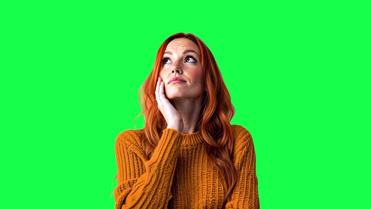 Red haired woman contemplating animation, transparent 4K video, green screen