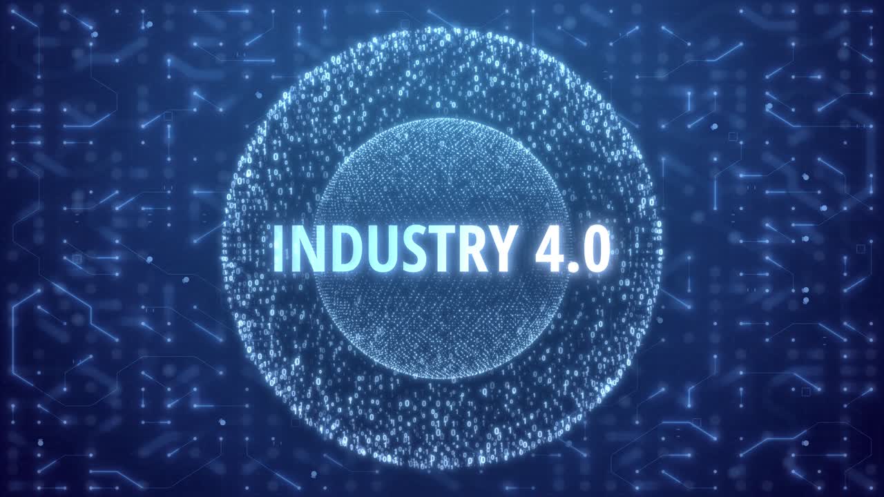 Industri 4.0-konsept over matrisesfære på kretsbakgrunn. Tilfeldige tall i form av en sfære over en blå kretsbakgrunn.
