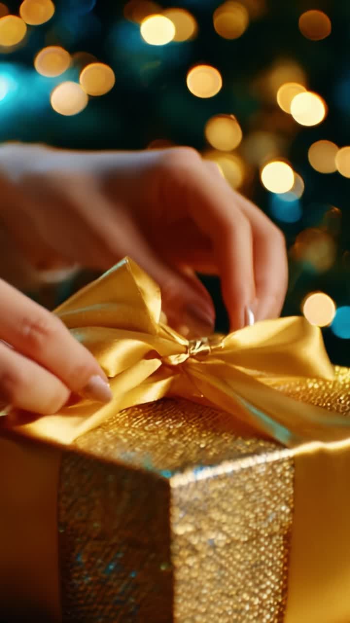 A Beautifully Wrapped Gift Box with a Golden Ribbon Being Decorated, Perfect for Celebrations or Special Occasions, Set Against a Softly Glowing Background of Holiday Lights and Cheerful Atmosphere