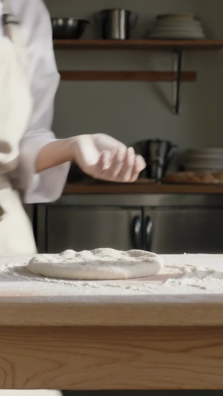 Vertical video: Placing hands on dough on floured wood board, chef in apron shaping crust to bake