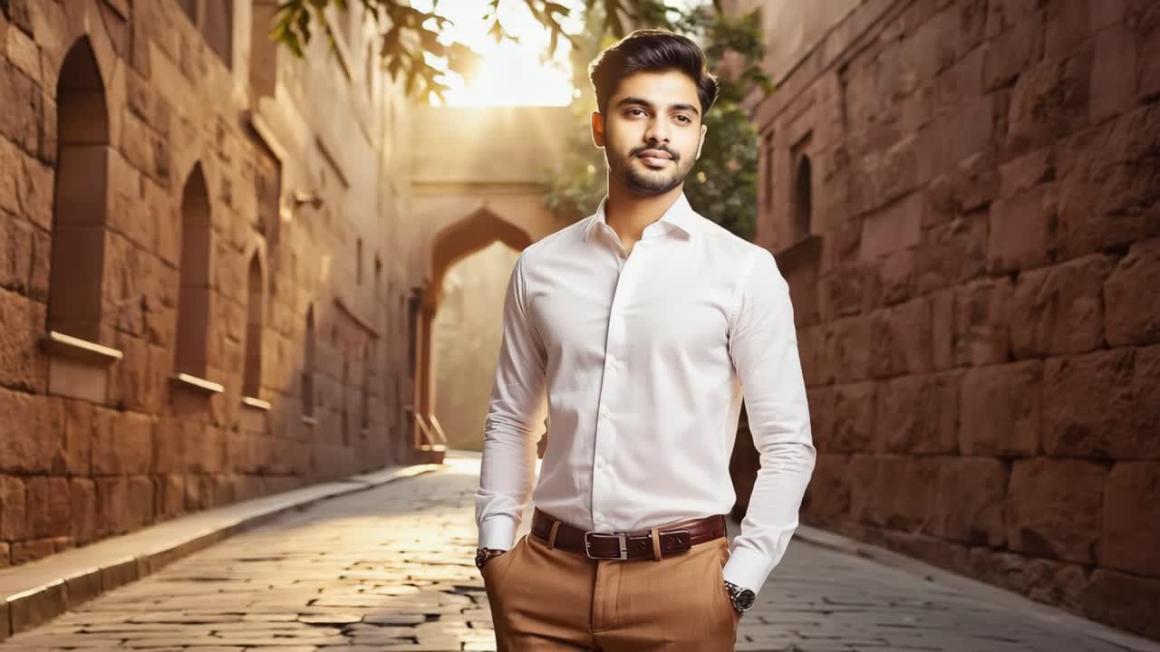 Young businessman walking confidently through an old town at sunset, hands in pockets, dressed in a crisp white shirt and stylish beige trousers, surrounded by charming architecture