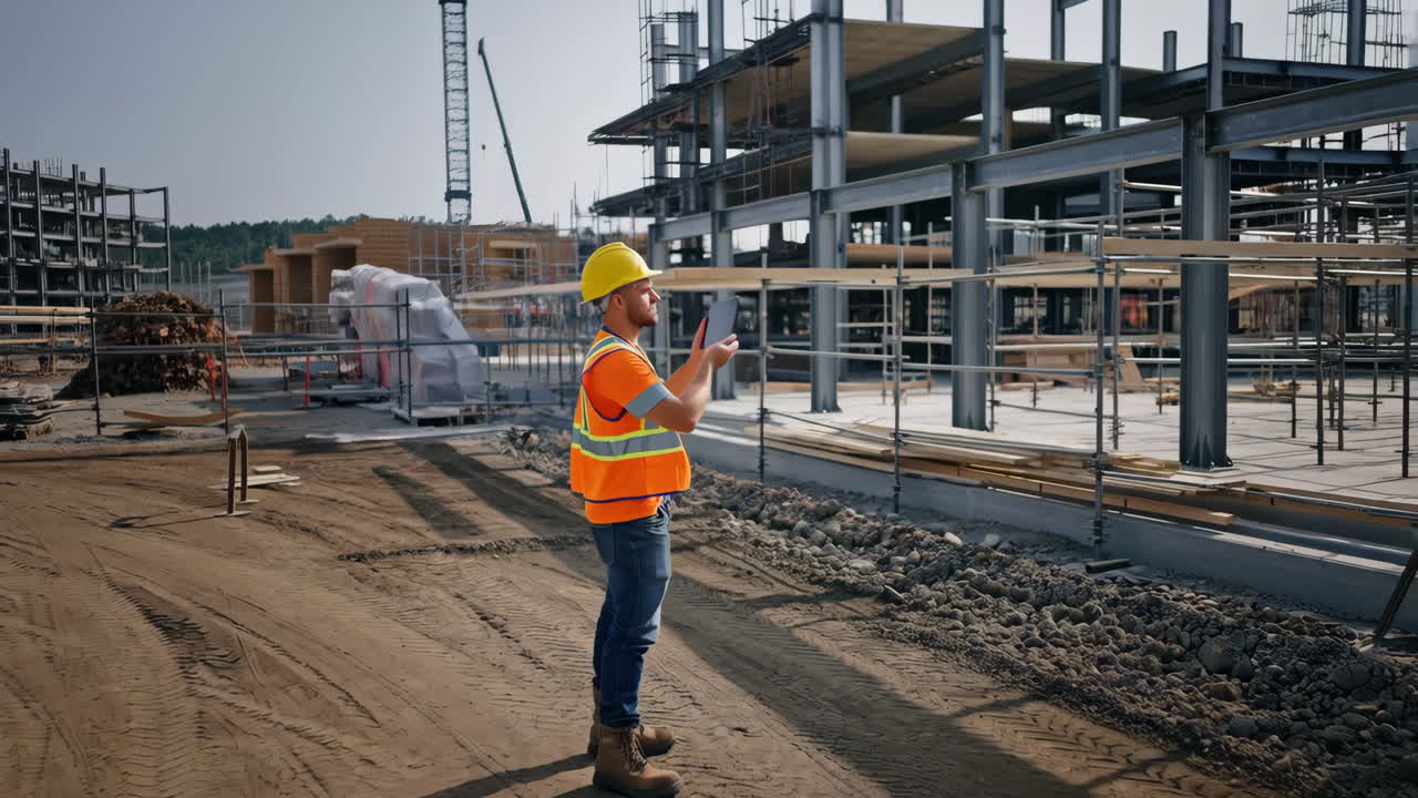 Construction Worker Using Tablet at a Building Site