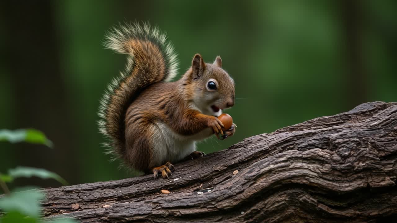 Un simpatico scoiattolo che stringe una ghianda, mettendo in mostra le sue adorabili caratteristiche mentre è appollaiato su un tronco stagionato circondato dalla rigogliosa vegetazione della natura