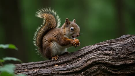 a cute squirrel gripping an acorn, showcasing its adorable features while perched on a weathered log surrounded by nature's lush greenery