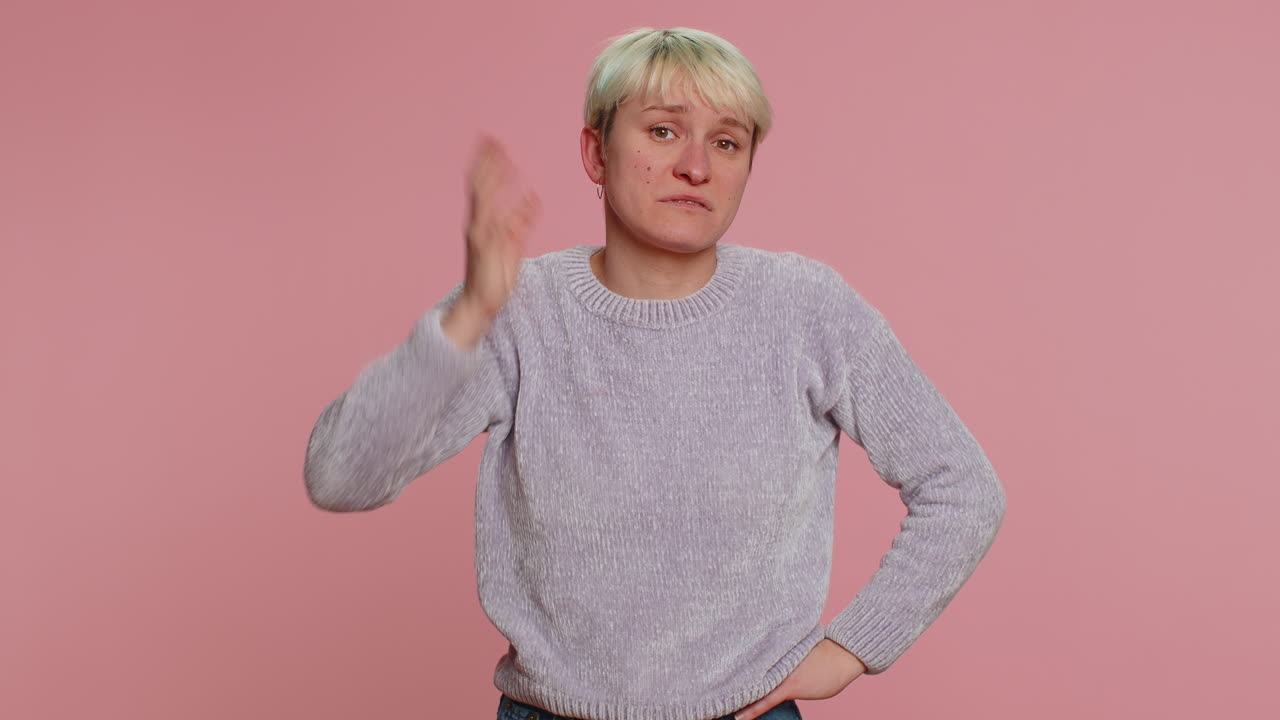 Confused woman feeling embarrassed about ambiguous question having doubts no idea clueless uncertain