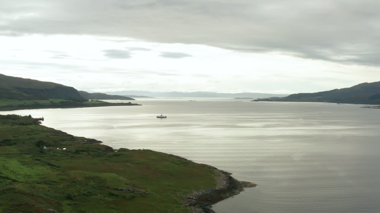AERIAL - The Lochaline to Fishnish ferry crossing the Sound of Mull