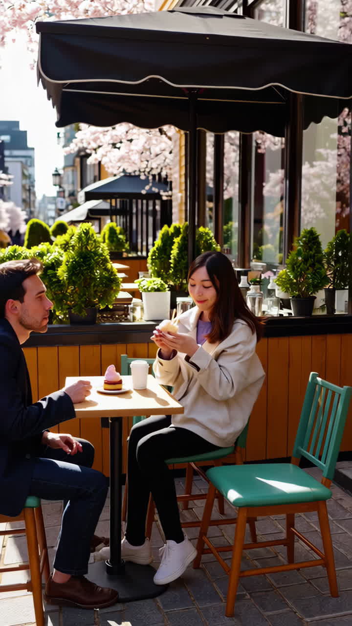 Couple Enjoying a Date at an Outdoor Cafe on a Cherry Blossom Street