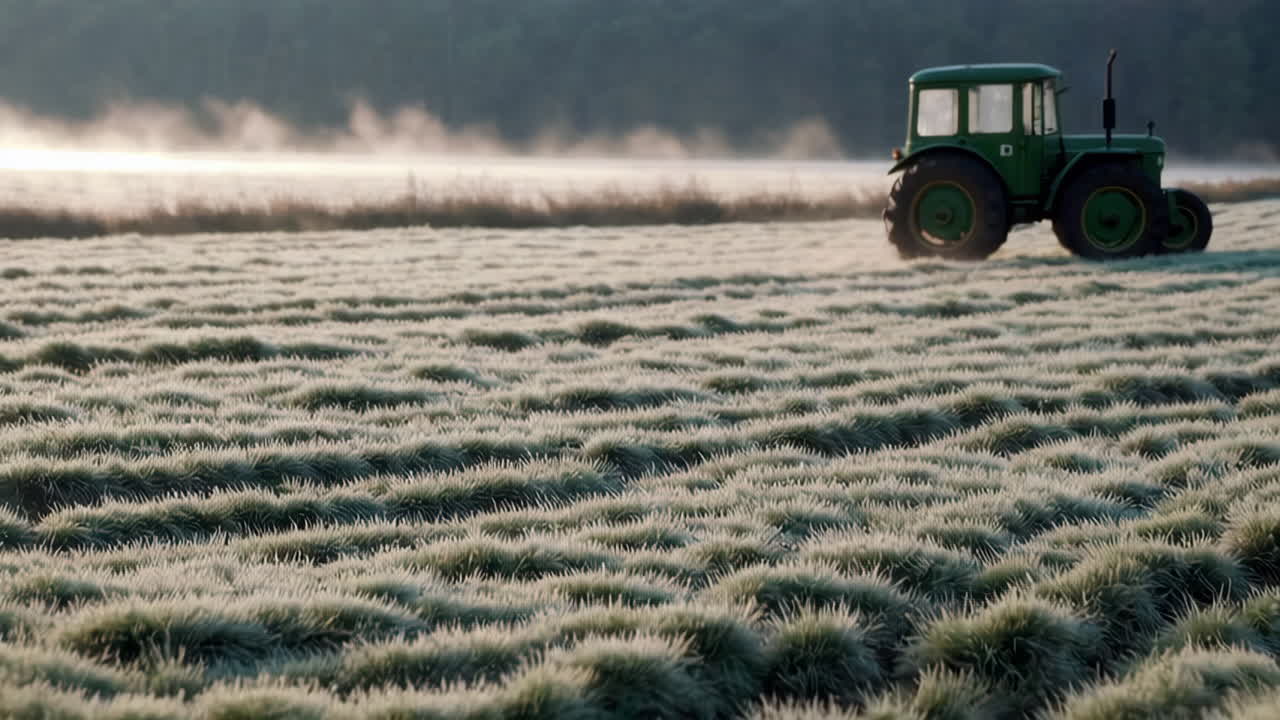 Tractor in a Frosty Field on a Misty Morning