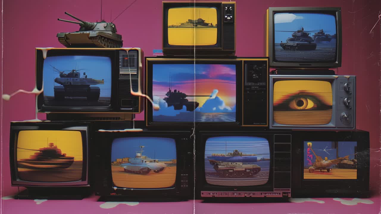 Stabel med vintage CRT-fjernsyn som viser militærtanker, krigsscener og et vaktsomt øye mot en dristig rosa studiobakgrunn, som blander retro-teknologi, mediemetning og konfliktsymbolikk