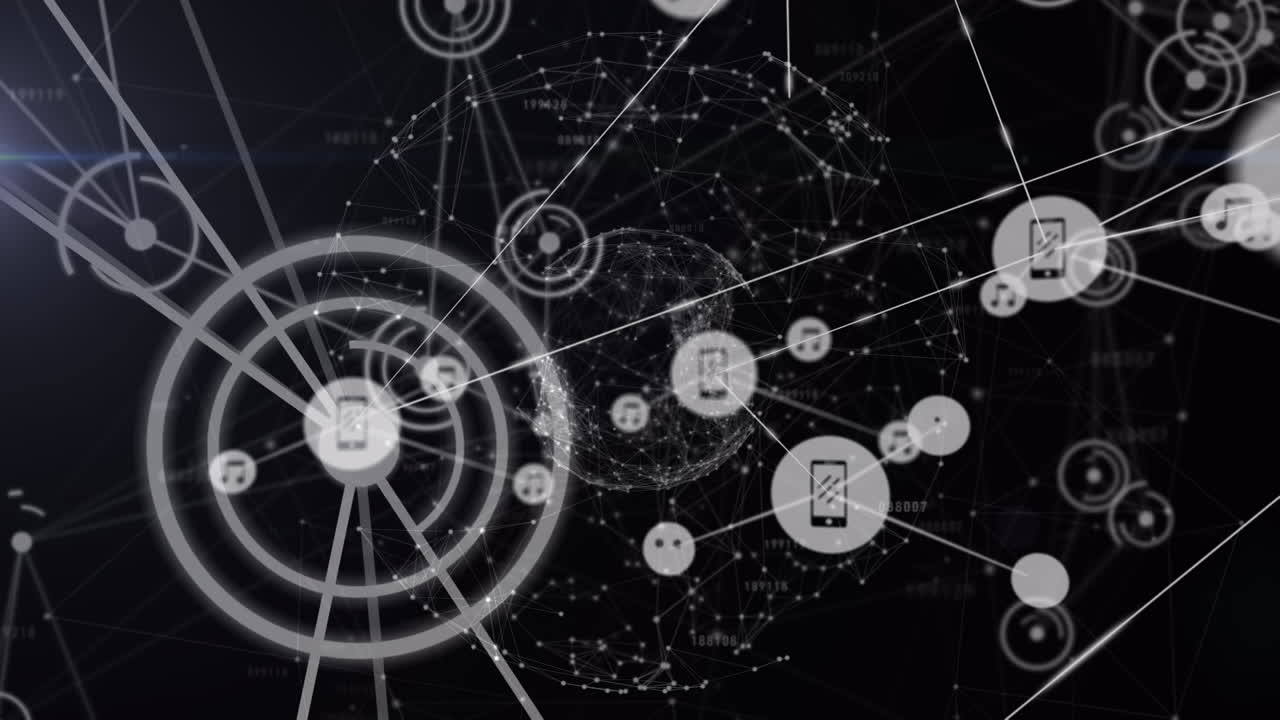 Animation of growing network of media and music icons transferring data over black background