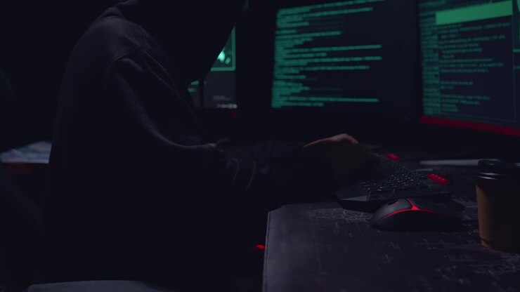 Mani di un hacker che digitano dati su una tastiera, visualizzati su un monitor di computer
