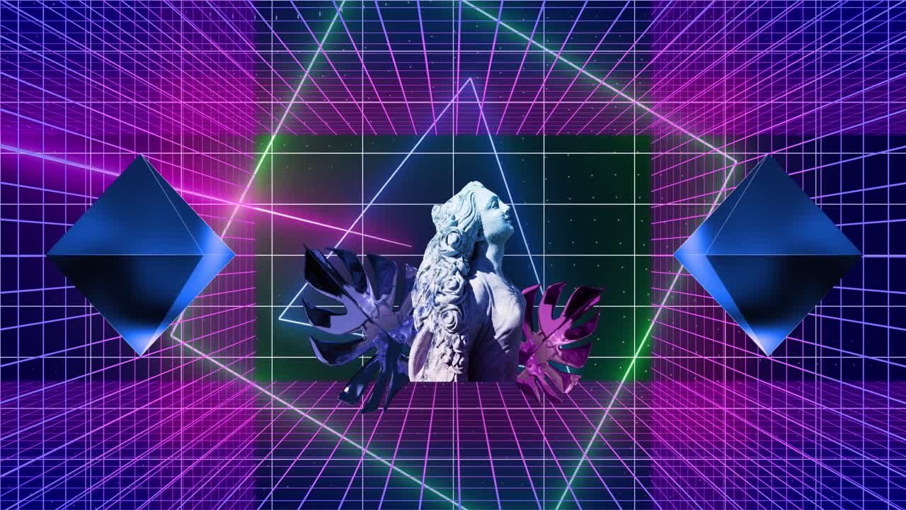 animación de interferencia sobre formas de neón con esculturas, hojas y líneas sobre fondo negro.