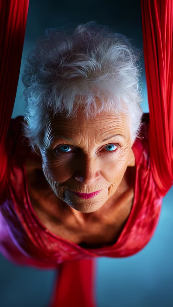 Eleganti acrobazie aeree: un'esibizione emozionante di un'anziana signora in tessuto rosso, che affascina gli spettatori con forza ed equilibrio