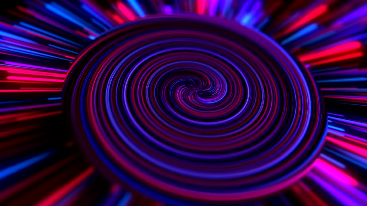 Abstract animation of spirally twisted neon, luminous circle of light, lasers and lines. Background fuchsia color