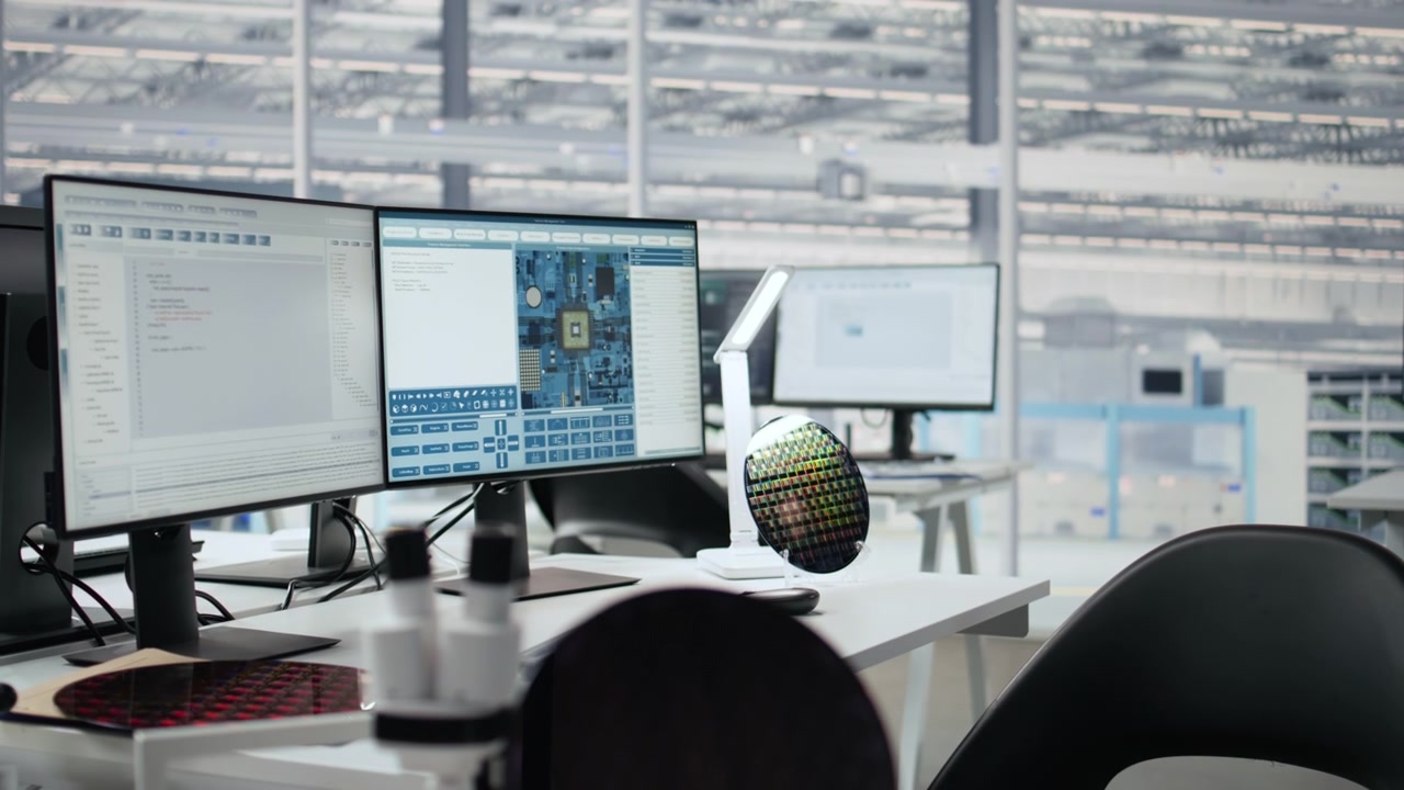 Microchip factory research office with workstations used to inspect processor