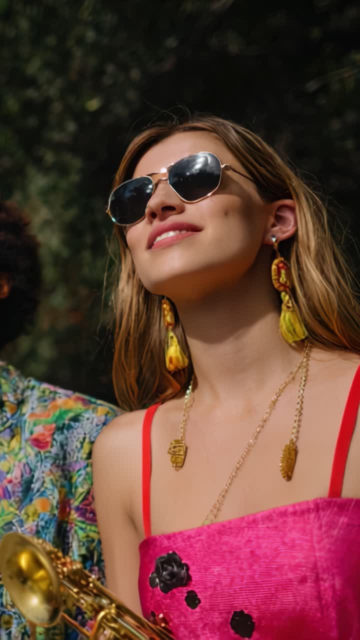 Una giovane donna con occhiali da sole e gioielli vivaci, che tiene con sicurezza uno strumento musicale in un lussureggiante ambiente esterno, incarnando l'atmosfera estiva e lo spirito gioioso