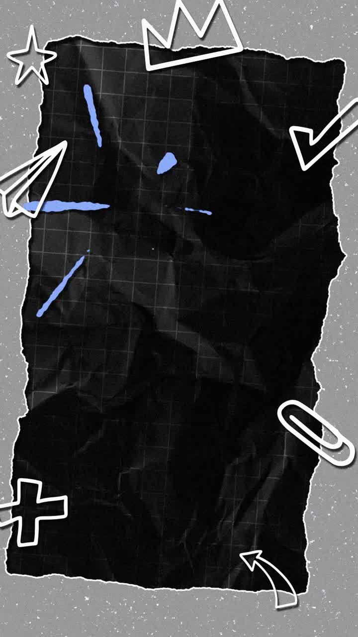 Animated Crumpled Grid Paper Background with Hand-Drawn Doodles and Blue Scribbles