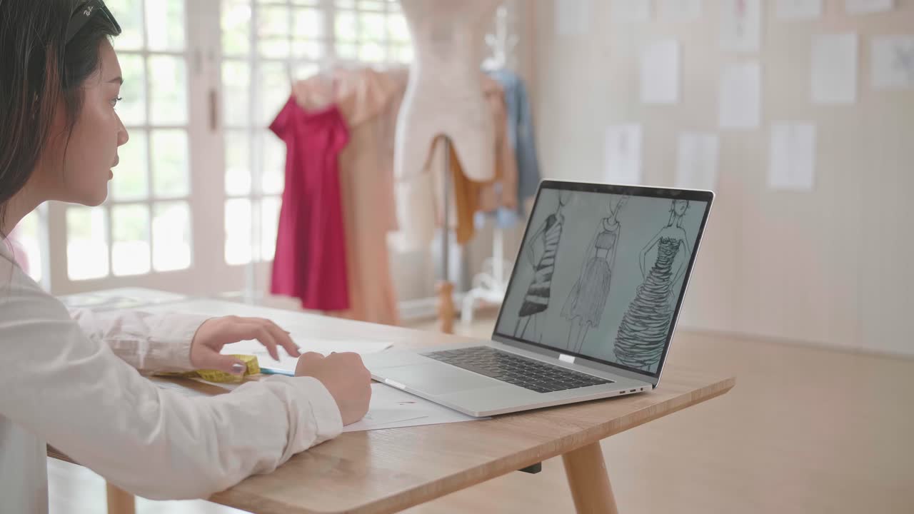 Asian Female Designer Looking At Desk On Laptop Computer And Sketching