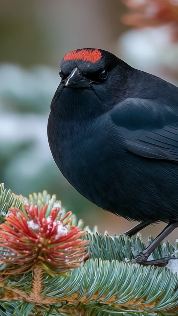 Un Primo Piano Accattivante di un Uccello Nero con una Distintiva Corona Rossa, Appollaiato Elegantemente su un Ramo di Pino Circondato Dalla Bellezza Della Natura