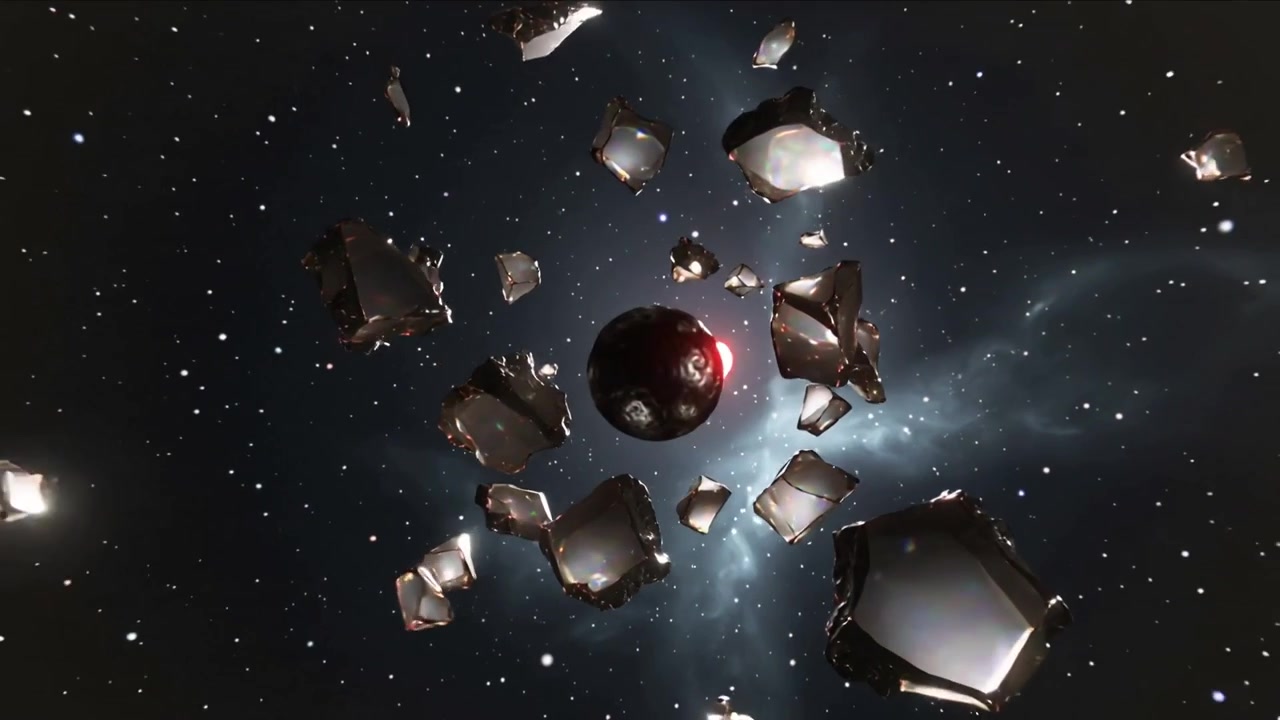 Dollying camera revealing dark core and mirror shards orbiting in deep space, showing red rim glow