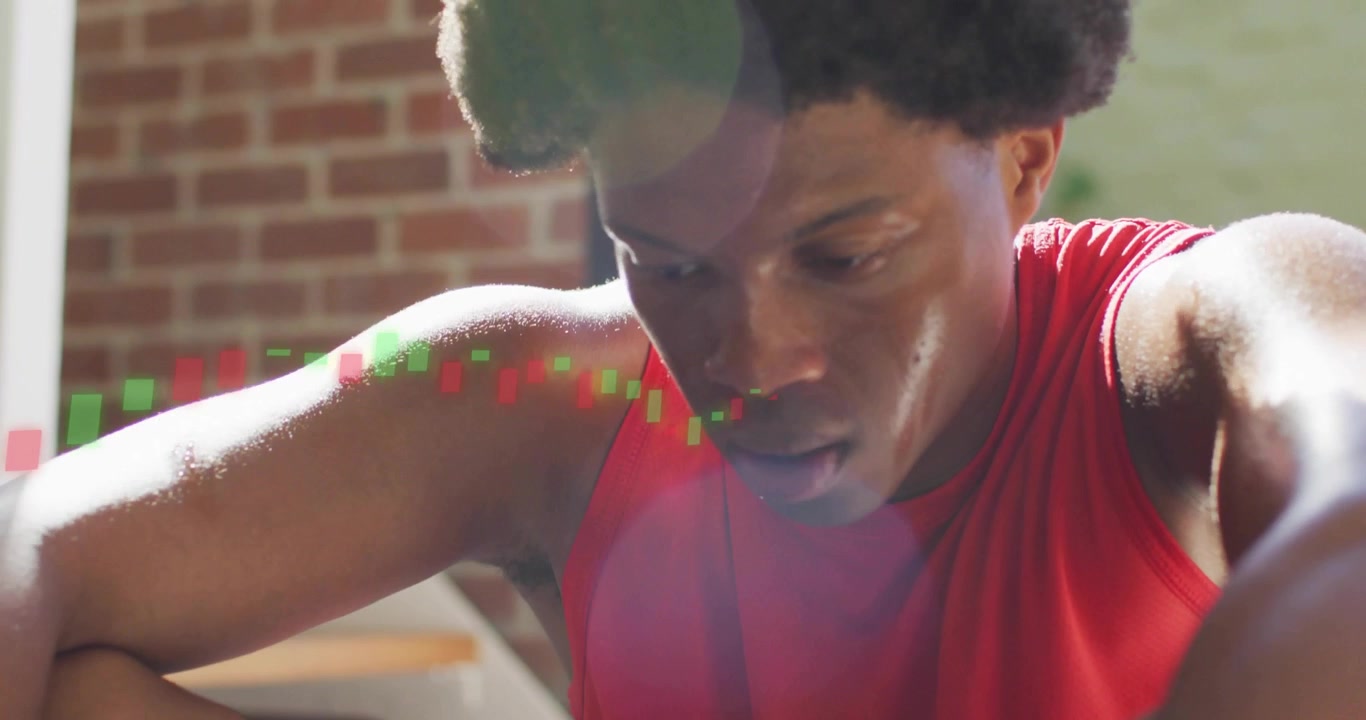 Athlete gasping after intense fitness set, wiping sweat while candlestick chart tracking motion