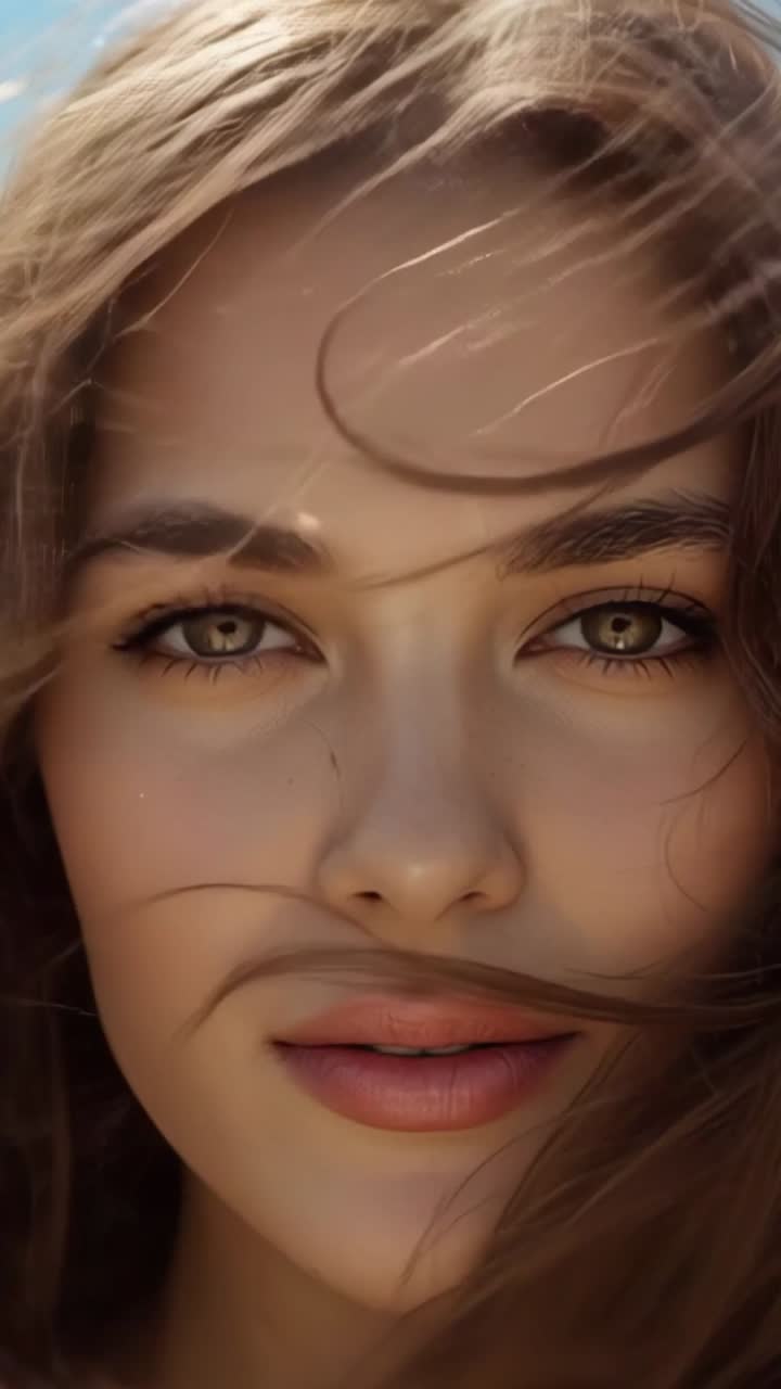 Vertical video: Facing breeze under blue sky, model gazing with loose hair drifting over face