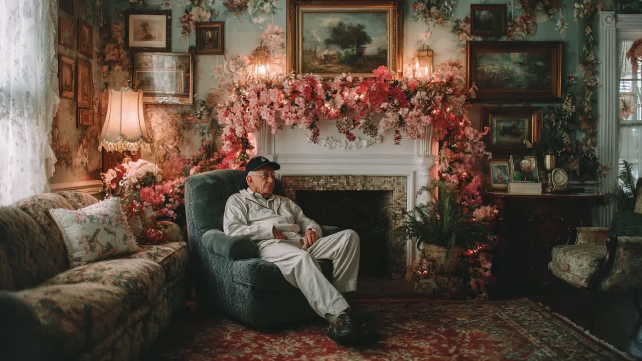 An elderly man relaxes in a beautifully decorated living room adorned with vibrant floral arrangements, vintage décor, and soft lighting, evoking a sense of tranquility and nostalgia
