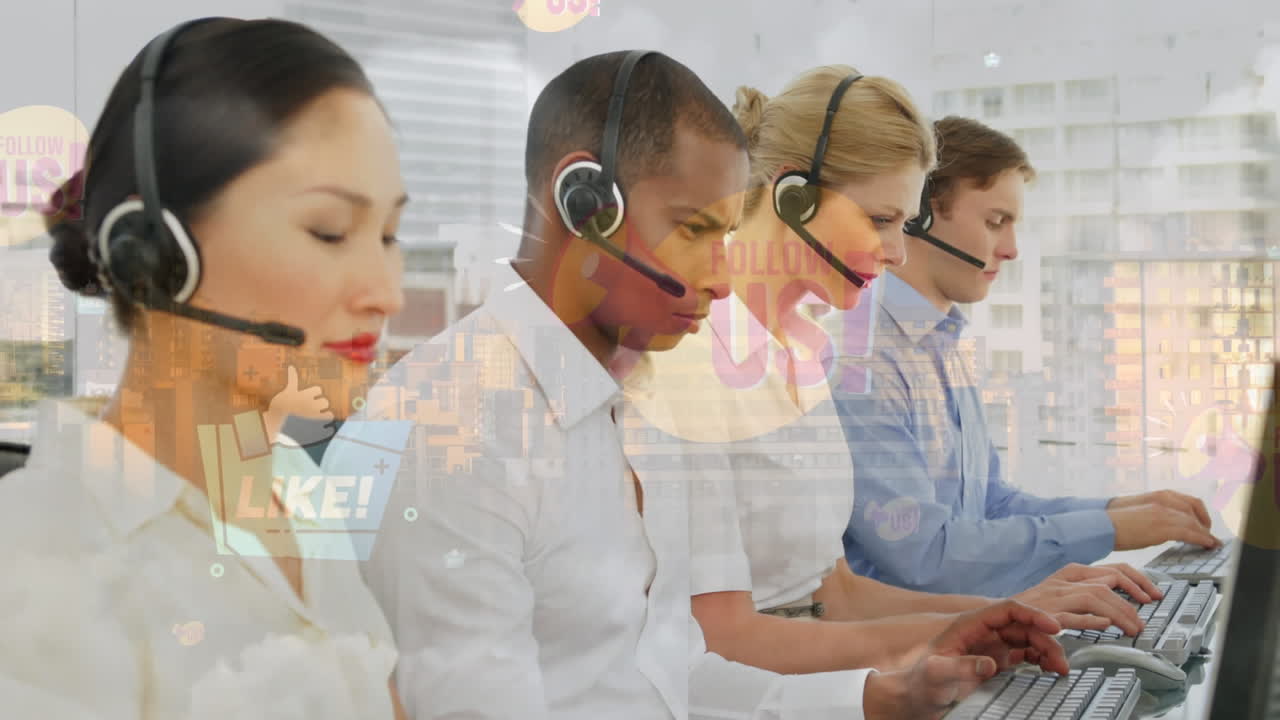 전화 헤드 ⁇ 을 착용 한 사람들 위에 연결 네트워크와 아이콘의 애니메이션