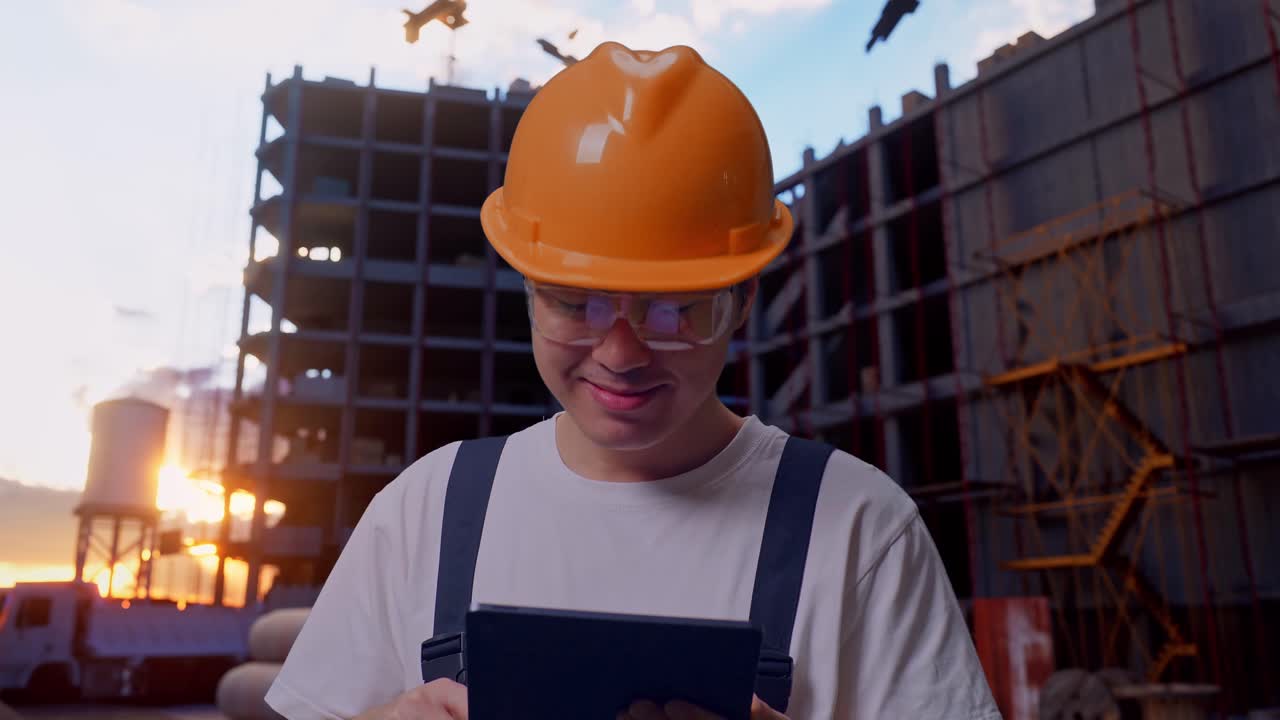 un trabajador asiático señala una tableta en su mano en un sitio de construcción