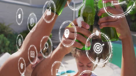 celebrando con botellas de cerveza, iconos de negocios animación sobre la gente