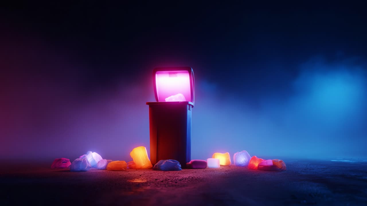A vibrant glow emanates from a trash can filled with colorful ice, surrounded by scattered pieces reflecting light in a mystifying, fog-filled environment at night