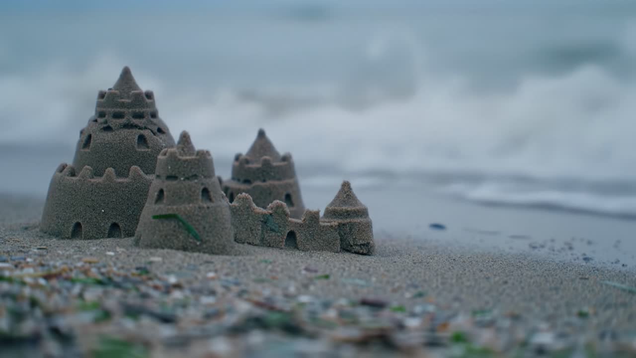 Enjoy the view of intricately built sand castles by the water's edge during a tranquil beach day as gentle waves lap against the shore at sunset.