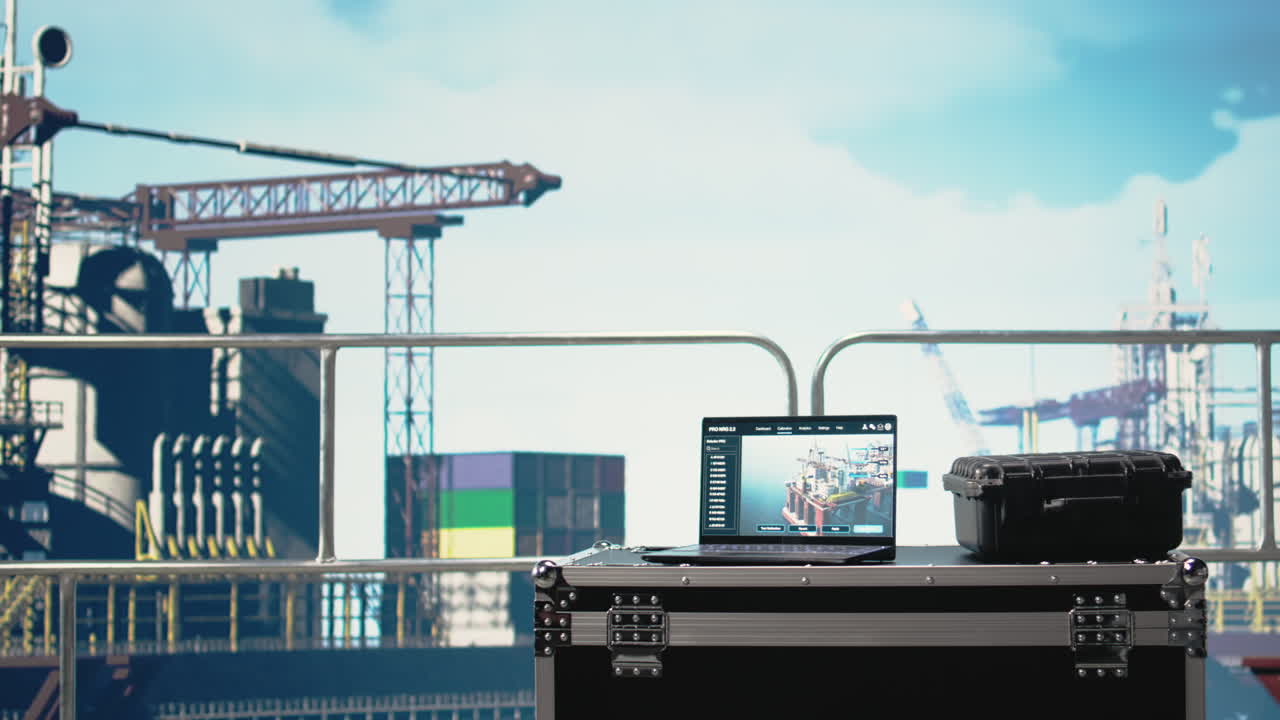 Vertical video Laptop on drilling rig ship with dashboard monitoring operation performance
