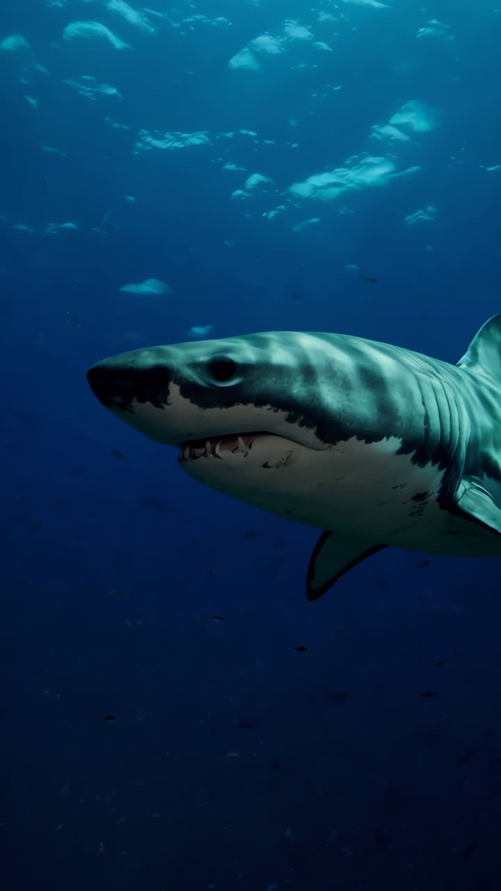 A Great White Shark Swims in the Deep Blue Ocean