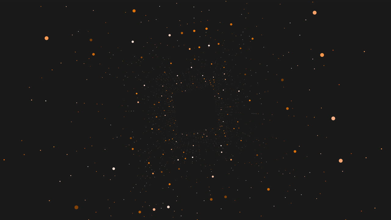 Abstract footage of glowing orange and white particles forming a deep tunnel on a dark background, creating a futuristic space travel, data flow, or warp speed concept
