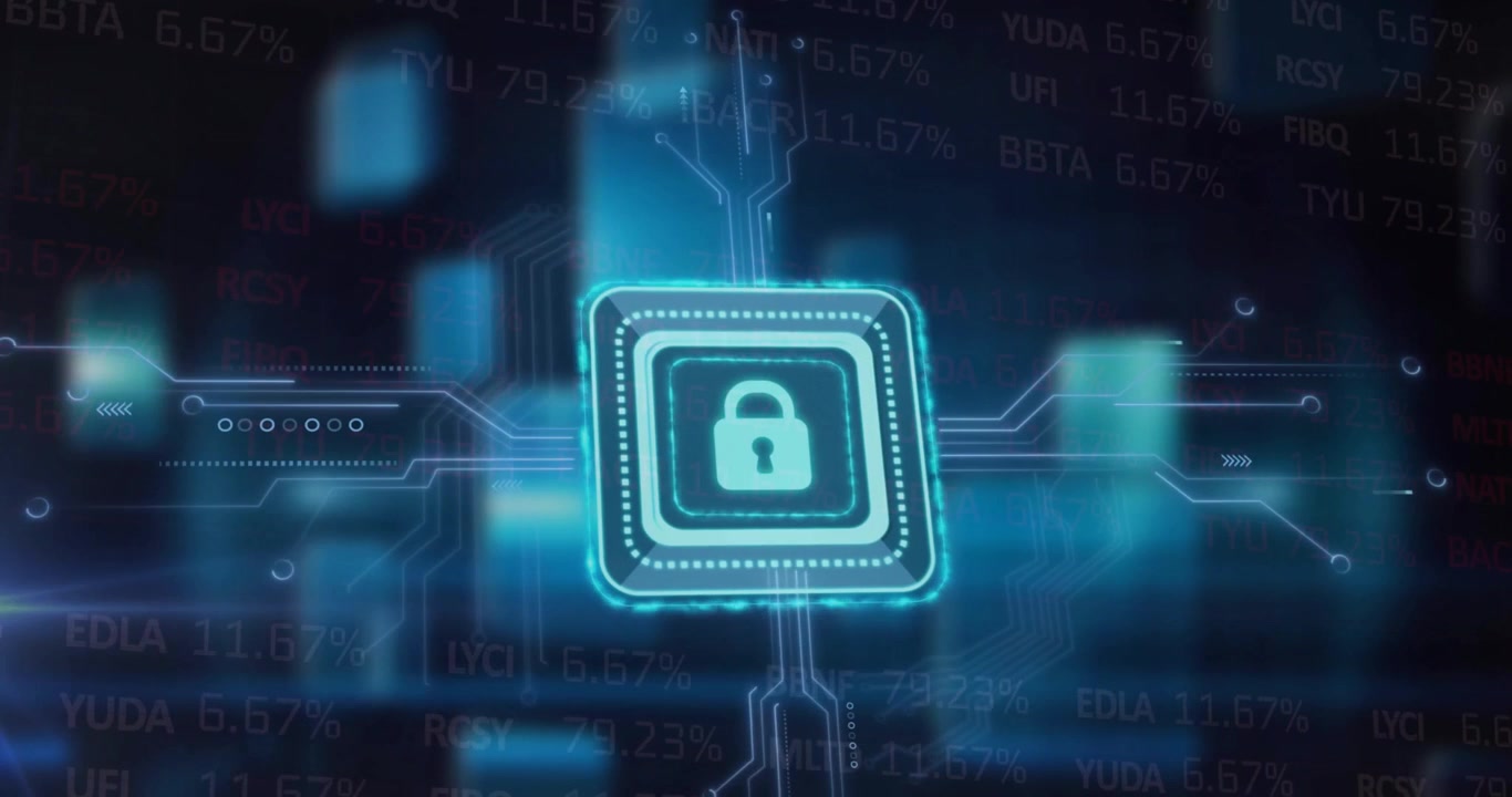 Animation of padlock icon and motherboard network over data processing on dark background