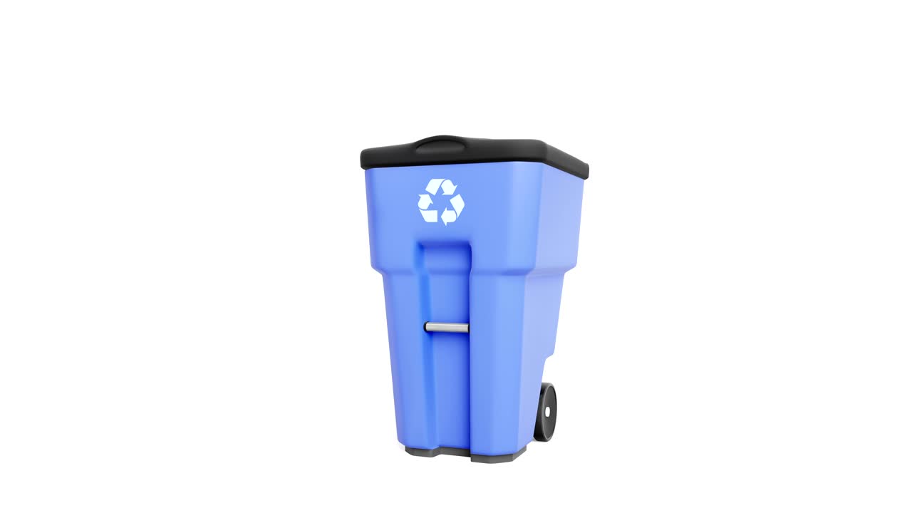 un contenedor de basura de plástico azul con el logotipo de reciclaje, aislado sobre un fondo blanco.
