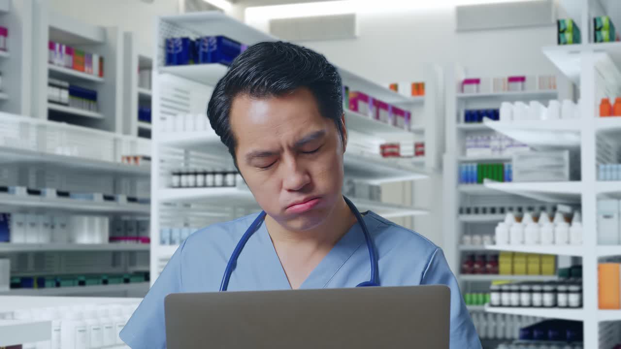 약국에서 노트북을 사용하면서 두통을 고 있는 스테토스코프를 가진 아시아 남성 의사의 클로즈업