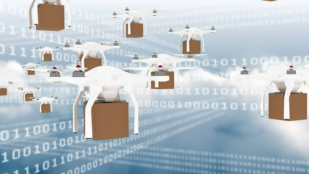 바이너리 코드를 가진 하늘 배경에 대해 많은 드론이 패 ⁇ 을 들고 있습니다.