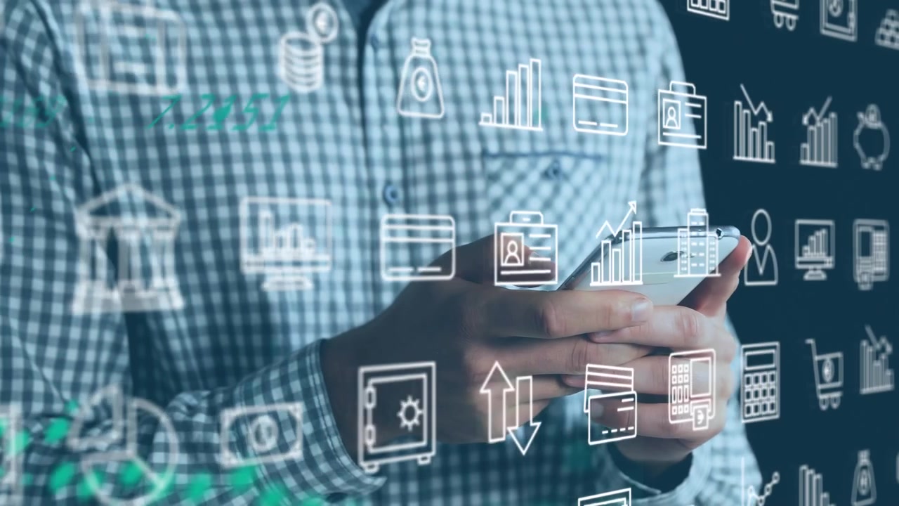 Animation of data processing over caucasian man using smartphone