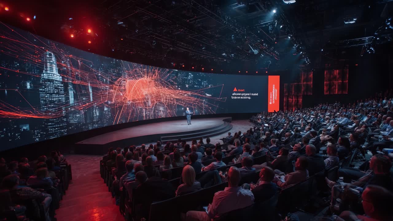 A dynamic presentation at a large conference showcasing cutting-edge technology and data visualization, with an engaged audience and a stunning backdrop featuring vibrant graphics and a modern stage design