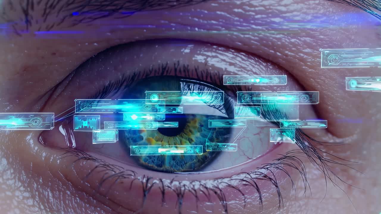 Close-up video of a human eye with digital holograms overlaying, suggesting a futuristic